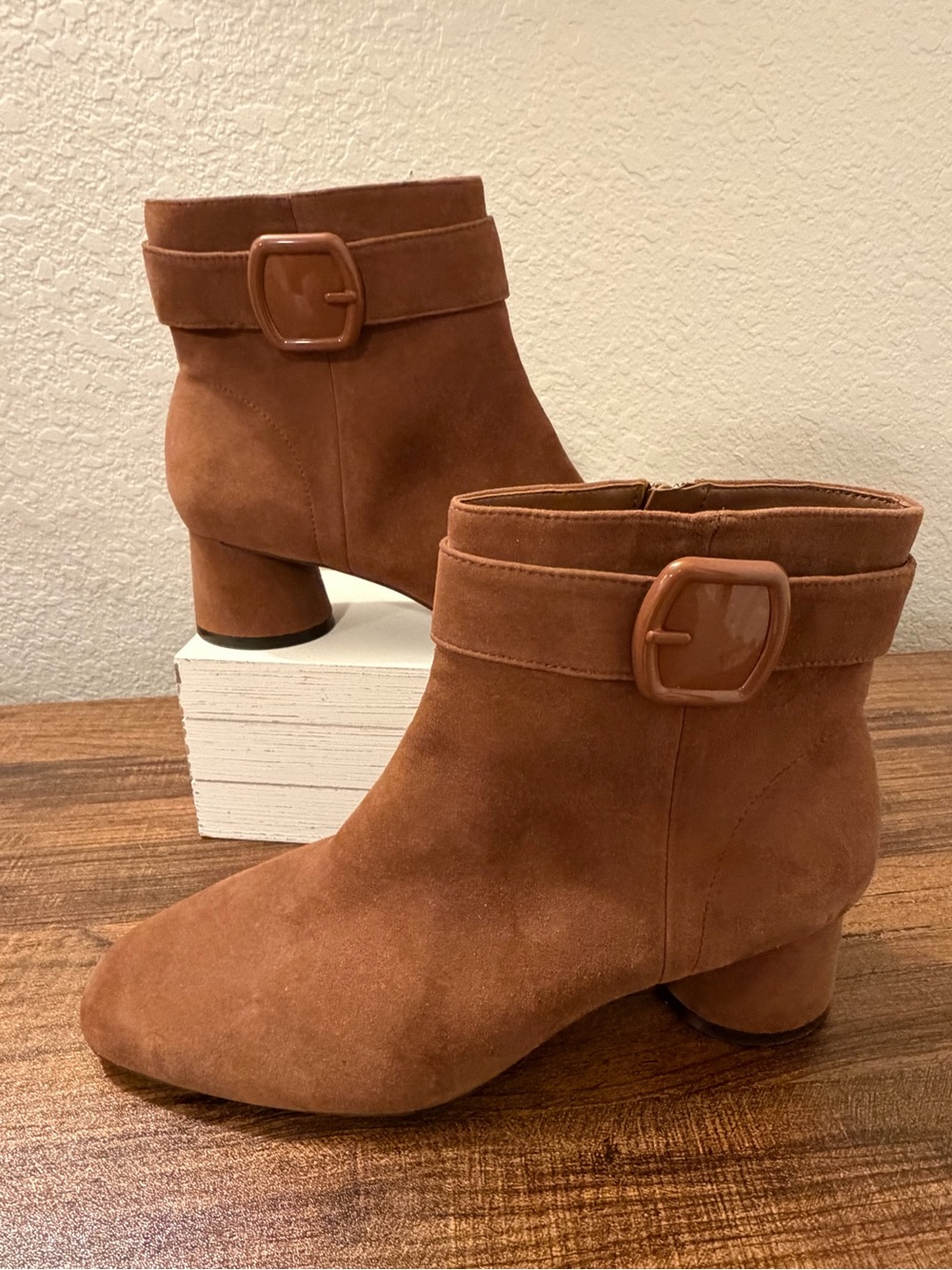 Alex Marie Paxton Cognac Suede Ankle Booties with Buckle Accent - 8